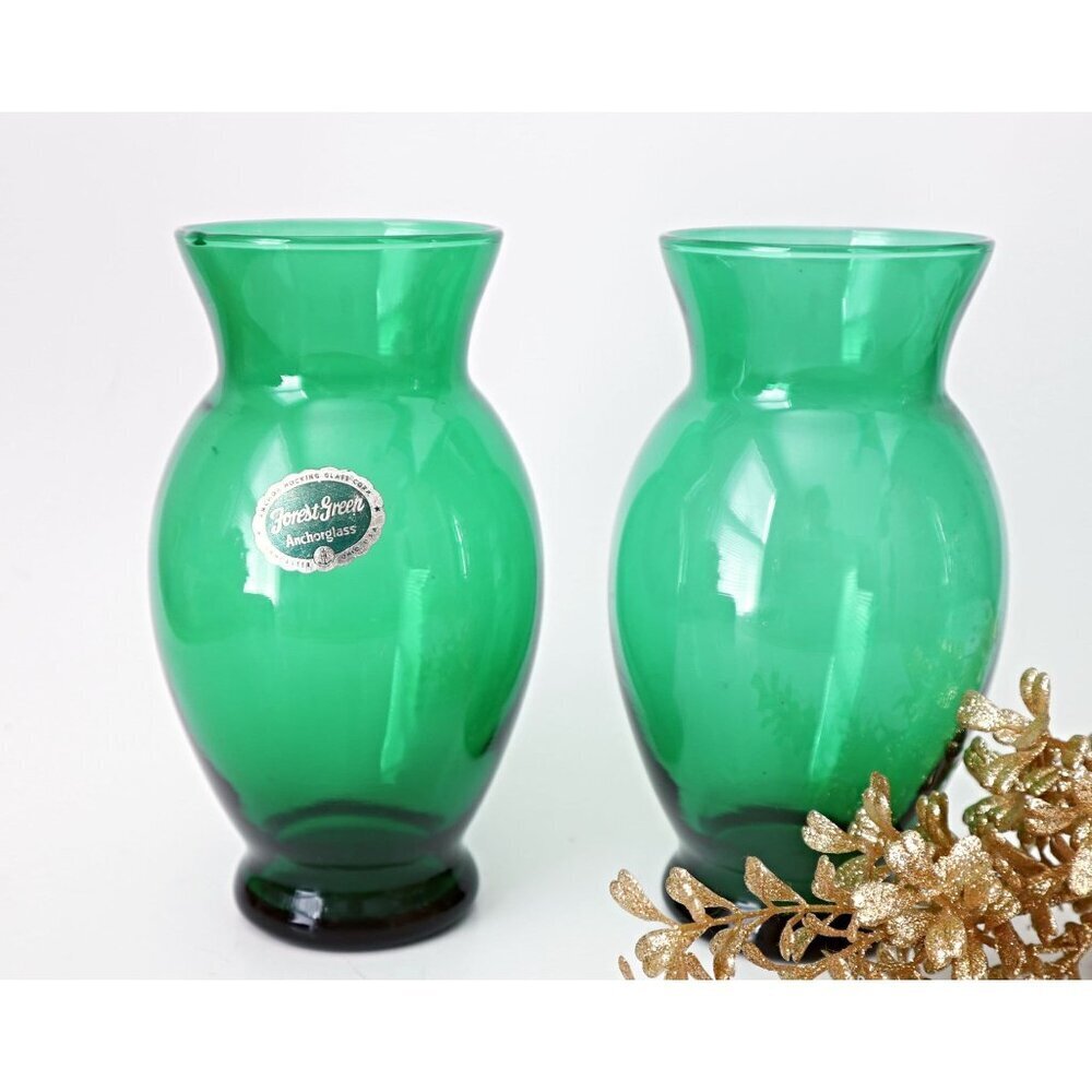 2 Vintage Forest Green Vases Anchor Hocking Vase  1960's